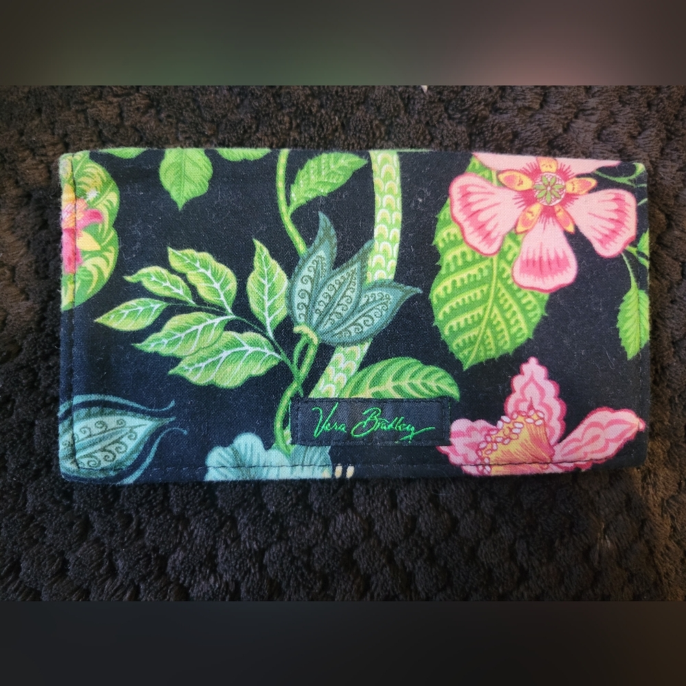 Vera Bradley Black Checkbook Cover with Green and Pink Floral Design